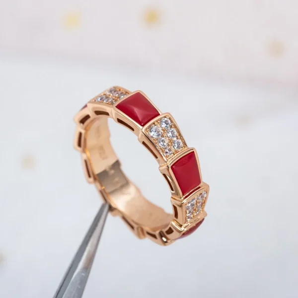 [BV]SERPENTI RING PINK GOLD CARNELIAN DIAMOND PAVED 4MM