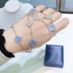 [VCA]CLOVER 10 MOTIFS CHALCEDONY DIAMONDS SILVER NECKLACE - Image 7