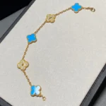 [VCA]CLOVER 5 MOTIF BLUE CHALCEDONY DIAMOND GOLD BRACELET - Image 5