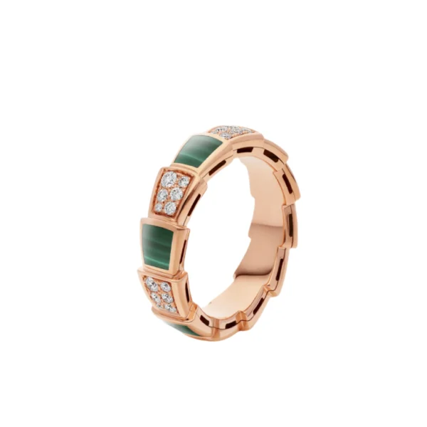 [BV]SERPENTI RING GOLD MALACHITE DIAMOND PAVED 4MM