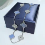 [VCA]CLOVER 10 MOTIFS CHALCEDONY DIAMONDS SILVER NECKLACE - Image 3