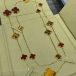 [VCA]CLOVER 16 MOTIF CARNELIAN TIGER EYE GOLD NECKLACE - Image 3